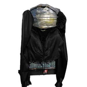 Black satin lace up car set top puff sleeve